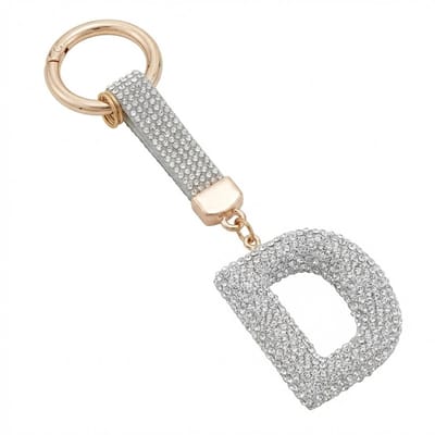 Zilverkleurige sleutelhanger met letter D en strass steentjes – initial sleutelhanger voor dames en heren – metalen sleutel hanger met ronde ring en decoratieve letter hanger