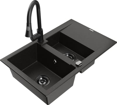 Mexen Gaspar granieten gootsteen 1,5-komorig met afdruiprek en keukenmengkraan Elia, zwart/goud metallic - 6507-75-670101-70-B