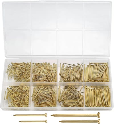 720 stuks spijkers aan de muur, platte kopnagels, foto's ophangen, muurnagels, hardware nagelassortiment set voor fotolijsten, houtbewerking, fotolijst spiegels, nagels (goud)