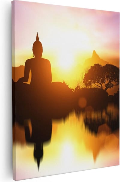 Artaza Canvas Schilderij Zonsondergang - 40x50 cm - Wanddecoratie Boeddha - Muurdecoratie Bergen - Kamer Accessoires Spiritueel