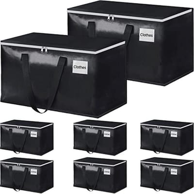 Zware Verhuisdozen - Opbergzakken met Rits, Versterkte Handgrepen en Label Pocket - Opvouwbare Verhuisaccessoires - Totes voor Verplaatsen, Opslag en Reizen 93L (Zwart - 8 Pack)