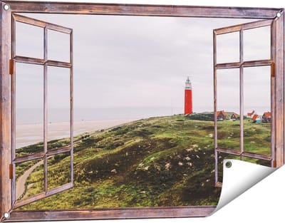 Gards Tuinposter Doorkijk Vuurtoren Texel - 90x60 cm - Tuindoek - Tuindecoratie - Wanddecoratie buiten - Tuinschilderij