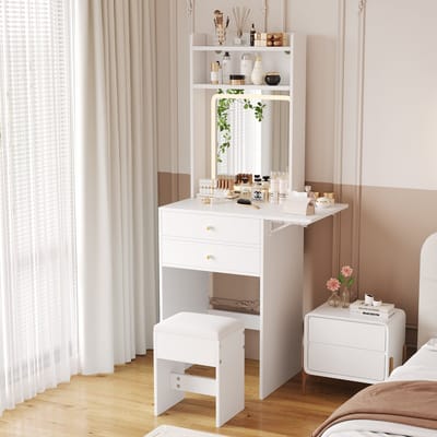 DESMIU Kapperstafel Met Verstelbare Ledverlichting En Opklapbaar Blad Voor Kleine Ruimtes Met Spiegel En Opbergruimte Van Mdf In Wit 75x45x156 Cm