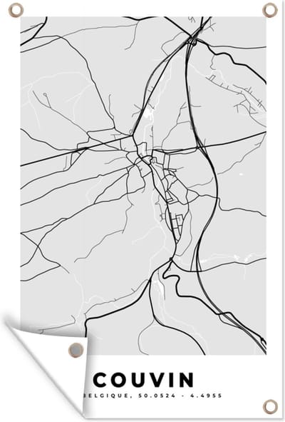 Muurdecoratie Stadskaart – Zwart Wit - Kaart – Couvin – België – Plattegrond - 120x180 cm - Tuinposter - Tuindoek