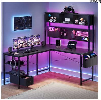 RFWR® L-vormig Gaming Bureau met LED Verlichting en Opbergruimte - Hoekbureau voor Thuis of Kantoor