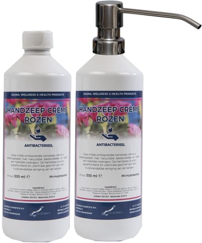 Handzeep Crème Rozen 500 ml - set van 2 stuks - met gratis RVS zilverkleurige pomp - Voordeelverpakking