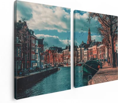 Artaza Canvas Schilderij Tweeluik Gracht in Groningen  - 120x80 - Foto Op Canvas - Canvas Print