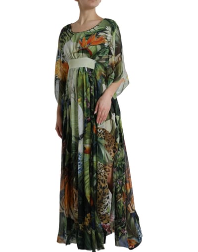 Geprinte Zijde Kaftanjurk Jungleprint Maxi Jurk