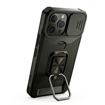 Zwart telefoon hoesje geschikt voor iPhone 16 Pro – robuuste backcover case dames en heren – schokbestendig ontwerp met metalen standaard en kaarthouder