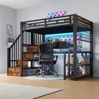 Wishdor – Hoogslaper met bureau, LED en oplaadpunten – 90 x 200 cm – Metaal en MDF – Zwart – Draagvermogen 300 kg – Inclusief hangrek en opbergtrap – Modern