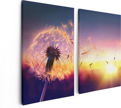 Artaza Canvas Schilderij Tweeluik Paardenbloem Tijdens Zonsondergang - 80x60 cm - Wanddecoratie Woonkamer - Schilderijen - Muurdecoratie