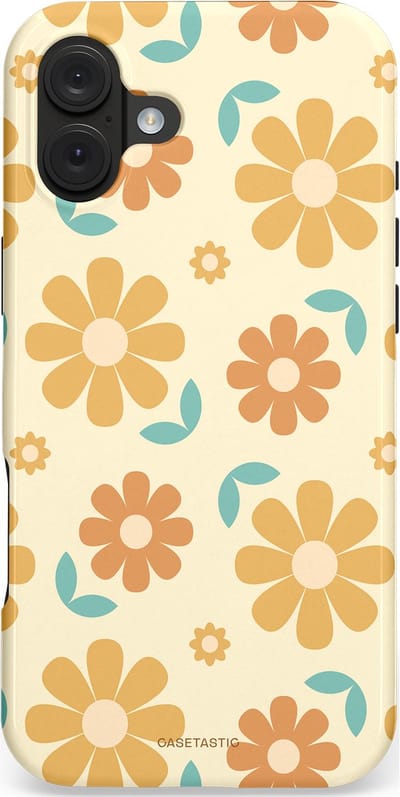 Casetastic hoesje geschikt voor Apple iPhone 16 Plus - MagSafe - Dubbellaagse bescherming - Flower power Retro Bloemen - Geel - Oranje - Blauw - Fashion Case - Crème Goud Perzik
