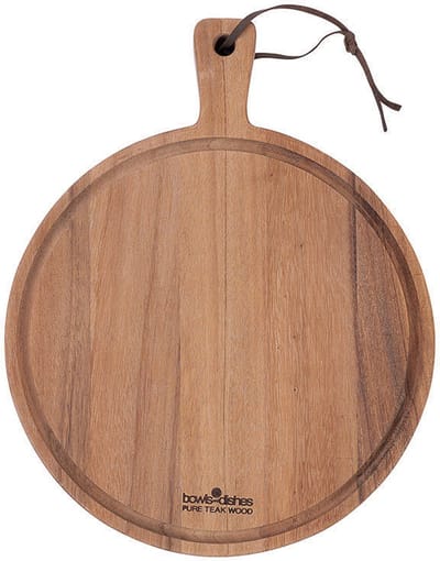 Bowls and Dishes Pure Teak Wood Borrelplank | Tapasplank | Serveerplank rond | Pizzaplank Ø 30 x 3 cm met sapgoot | BBQ cadeautip!