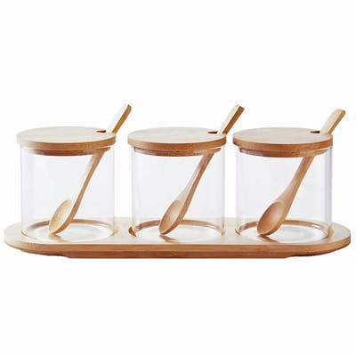 Dailygoods- Opslagpot 300ml met Bamboe Deksel - Glazen Pot - Houten Bodem - Afdichting - Geschikt voor Granen/Thee/Koffie/Snoep - Bewaarpot