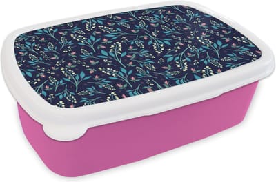 Broodtrommel Roze - Lunchbox - Brooddoos - Bloemen - Roze - Wit - Patroon - 18x12x6 cm - Kinderen - Meisje