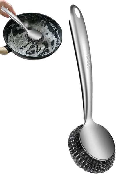Stalen Vaatreiniger - Schuurpads - Keuken Schoonmaken - Lange Handgreep - 28 cm - Zilver