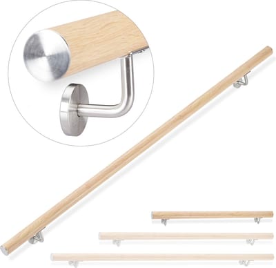 Aluminium trapleuning - rond - 100 cm Ø 42 mm - beukenhout look - voor binnen en buiten - met wandhouder natuur