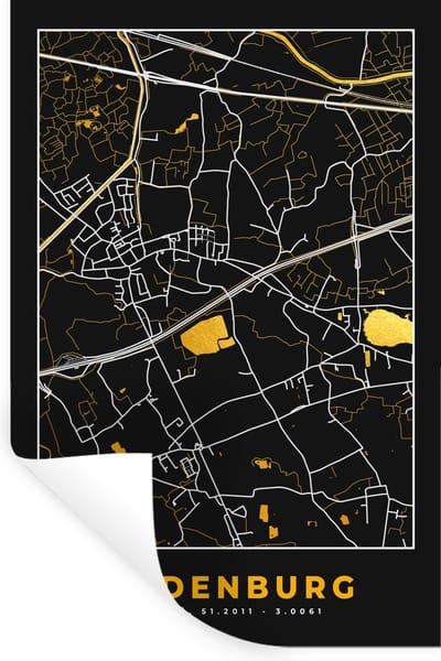 Muurstickers - Sticker Folie - Kaart - Oudenburg - Plattegrond - Goud - Stadskaart - 40x60 cm - Plakfolie - Muurstickers Kinderkamer - Zelfklevend Behang - Zelfklevend behangpapier - Stickerfolie