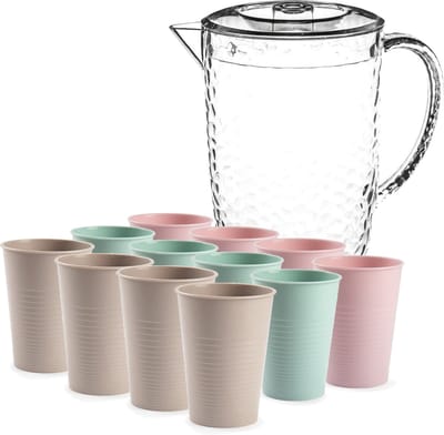 Stevige sapkan/water/schenkkan karaf met deksel 2 liter set met 12x kunststof multicolor drinkglazen 360 ml