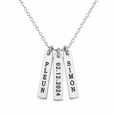 Engravia by Derya – Gepersonaliseerde Drievoudige Staafhanger Ketting Zilverkleurig – RVS Roestvrij Staal – Minimalistische Naam- of Datumketting – Persoonlijk Cadeau
