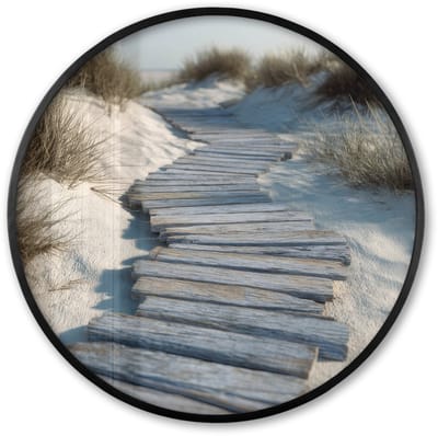 Poster in lijst Rond - Fotolijst 60x60 cm - Posters - Pad - Planken - Duinen - Gras - Ronde posterlijst zwart - Decoratie - Wanddecoratie woonkamer - Muurdecoratie slaapkamer