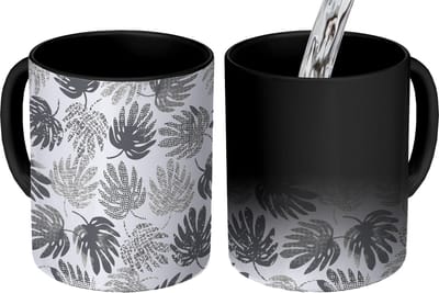 Magische Mok - Foto op Warmte Mokken - Koffiemok - Monstera - Zwart Wit - Patronen - Vintage - Magic Mok - Beker - 350 ML - Theemok