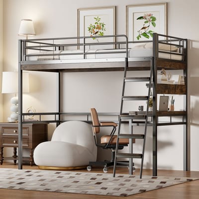 Gutent Kinderbed (Zonder matras), Verhoogd bed, 90*200 cm, met Bureau (Zonder stoel), ijzeren frame, Zwart