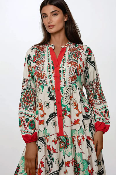 Gedrukte Lange Mouwen Viscose Maxi Jurk