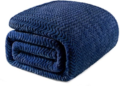 Mezcla King Size Jacquard Weave Wave Patroon Flanel Fleece Fluwelen Pluche Bed Deken als Sprei/Coverlet/Bed Cover (230x265cm, Marineblauw) - Zacht, Lichtgewicht, Warm en Gezellig
