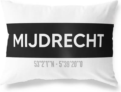 Tuinkussen MIJDRECHT - UTRECHT met coördinaten - Buitenkussen - Bootkussen - Weerbestendig - Jouw Plaats - Studio216 - Modern - Zwart-Wit - 50x30cm