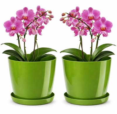 glanzend, plantenbak van kunststof, decoratieve pot voor grote en kleine planten, set van 2 bloempotten met onderzetter, bloempot kruidenpot, groen, diameter 20 cm
