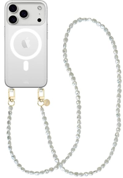 xoxo Wildhearts magnetisch hoesje geschikt voor iPhone 17 Pro Max MagSafe - Pearlfection - Transparant telefoonhoesje met koord - Telefoonkoord met parels - Parelketting - Lang koord