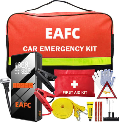EAFC 12V Jumpstarter voor Auto met Compressor - Bandenreparatieset, Handschoenen, USB-C-kabel - EHBO-doos - sleepkabel - waarschuwingsdriehoek -Reparatieset voor onderweg
