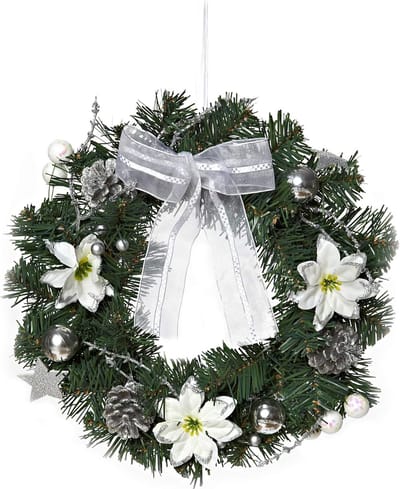 Kerstkrans - deurkrans - wandkrans - Tafelkrans - versierde krans van dennentakken - groen, wit, zilver - 32 x 32 x 10 cm