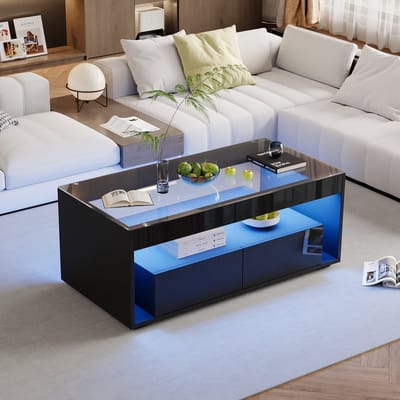 Wishdor LED-salontafel hoogglans zwart met 16-kleurige RGB-verlichting, gehard glas, dubbellaags met 2 lades, 100×50×40 cm