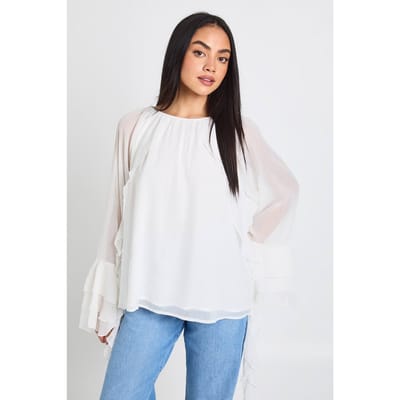 boohoo Dames Chiffon blouse met ruches en knoopsluiting aan de achterkant | Cream | Maat: 6