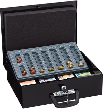 geldkistje met slot en 2 sleutels - vakken voor briefjes & euromunten - 8,5 x 30,5 x 24,5 cm - zwart