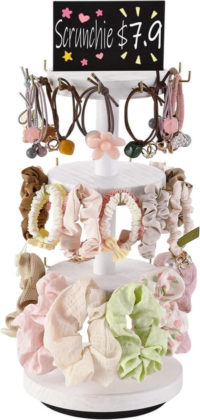 Scrunchie Organizer met Draaiende Haarklemmenhouder - 3 Niveaus, 38 Haken - Opslag en Weergave van Haaraccessoires voor Vrouwen en Meisjes - Wit en Goud