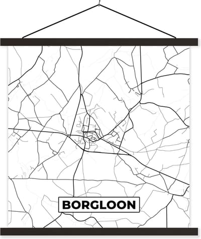 Posterhanger incl. Poster 60x60 cm - Schoolplaat - Stadskaart – Zwart Wit - Kaart – Borgloon – België – Plattegrond - Textielposter - Zwarte latten - Stadskaart