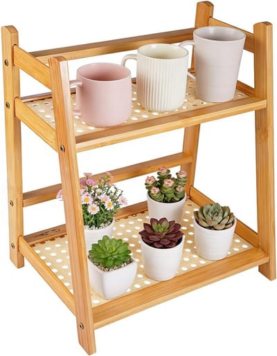 Bamboe 2-Tier Bag Rack voor Keuken - Trapezoidale Houten Stand voor Thee, Koffie en Specerijen - Ideaal voor Accessoires en Opbergruimte