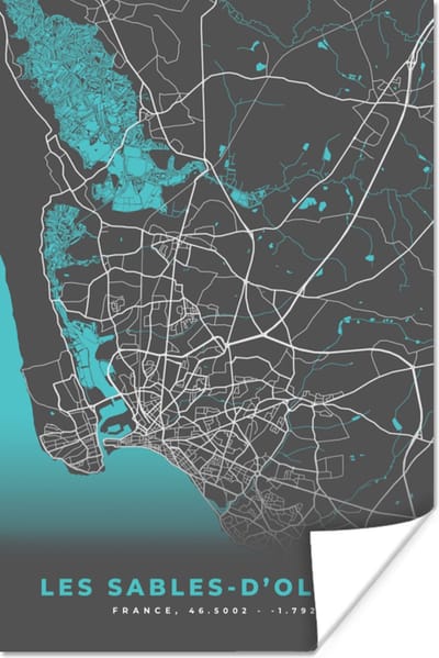 Poster Frankrijk - Plattegrond - Stadskaart - Les Sables-d'Olonne - Kaart - 120x180 cm XXL