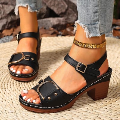 Dames Sandalen met Dikke Hak Verstelbare Gespband Grote Maten Schoenen Zomer Effen Kleur Eén Band Mode Sandalen voor Dames 36 black