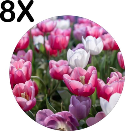 Luxe Ronde Placemat - Roze met Witte Tulpen - Set van 8 Placemats - 50x50 cm - 2 mm dik Vinyl - Anti Slip - Afneembaar