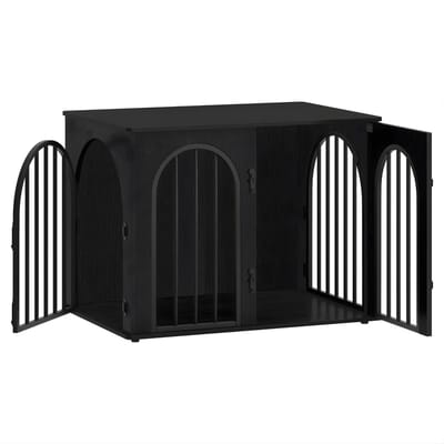 Hondenbench Meubel – Voor Binnen – 80 cm Hondenbox met 3 Deuren en Boogdeur, Te Gebruiken als Bijzettafel – Zwart