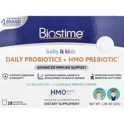 Biostime, Baby & Kids, Dagelijkse Probioticum + HMO Prebioticum, 3 maanden tot 6 jaar, zonder smaak, 28 zakjes, 1,5 g (0,05 oz) per pak.