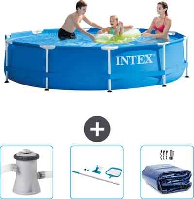 Intex Rond Frame Zwembad - 305 x 76 cm - Blauw - Inclusief Zwembadfilterpomp - Schoonmaakset - Solarzeil