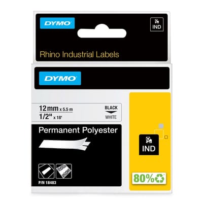 Labeltape dymo rhino industrieel polyester 12mm Zwart op wit