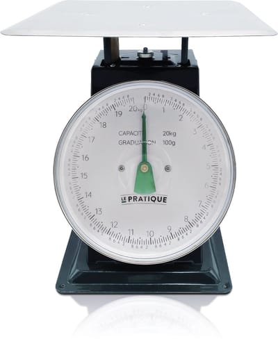 Le Pratique | Professionele (Heavy Duty) Mechanische Keukenweegschaal (20 kg) – Retro Analoge Keukenweegschaal met grote wijzerplaat | Werkt 100% zonder batterijen | Analoge Wijzerplaat en nauwkerig per 100 gram | Met Tarra-functie | Made in France
