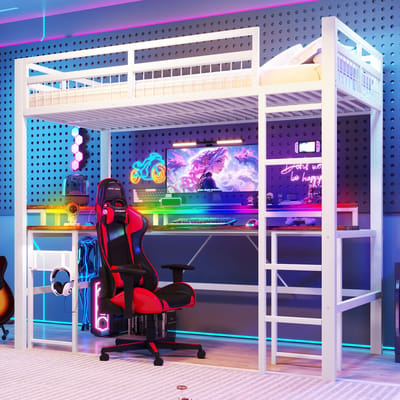 Hoogslaper - 90x200 cm - Met Bureau en LED - USB en Stopcontacten - Metaal - Wit