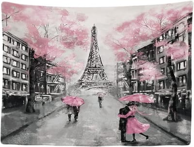 Ulticool - Parijs Eifeltoren Zwart Wit Roze Vintage Bloesem Bloemen - Wandkleed - 200x150 cm - Groot wandtapijt - Hang Decoratie Hangend Lente voor Binnen - Poster - Complete Slaapkamer voor Volwassen Kamer Woonkamer Accesoires